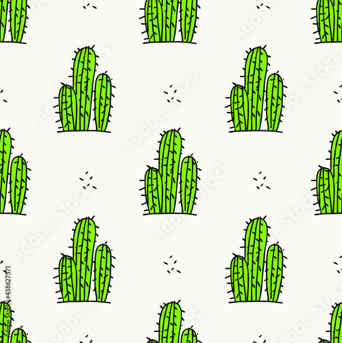 Seamless pattern with cactus in green  on cream background.