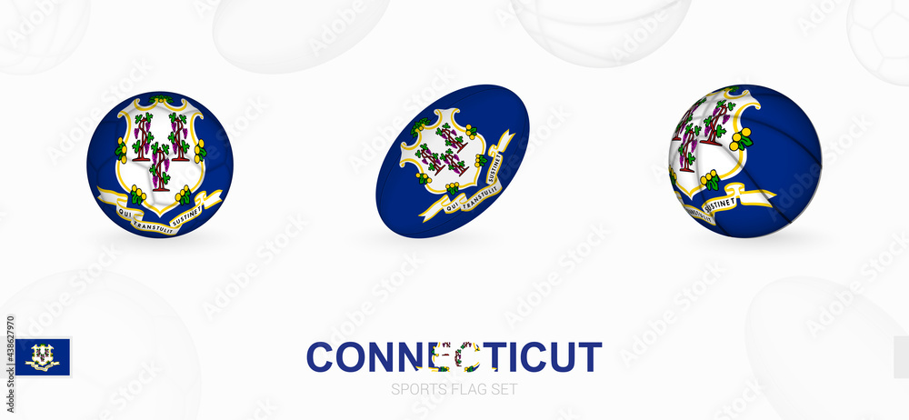 Obraz premium Sports icons for football, rugby and basketball with the flag of Connecticut.