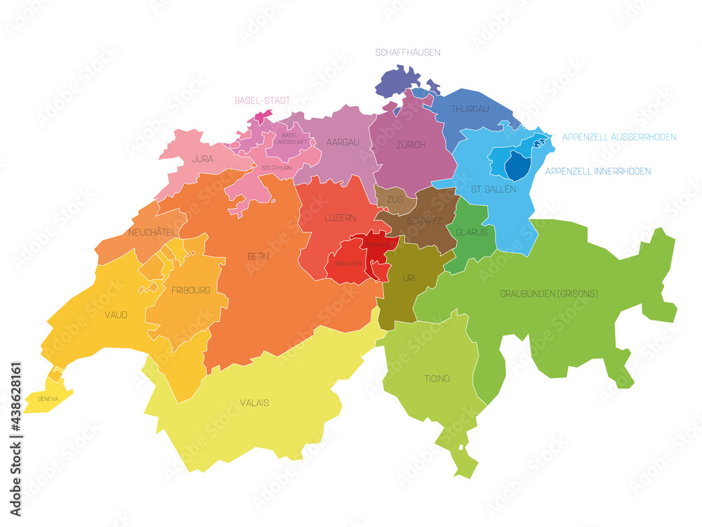 Colorful political map of Switzerland. Administrative divisions - cantons. Simple flat vector map with labels.