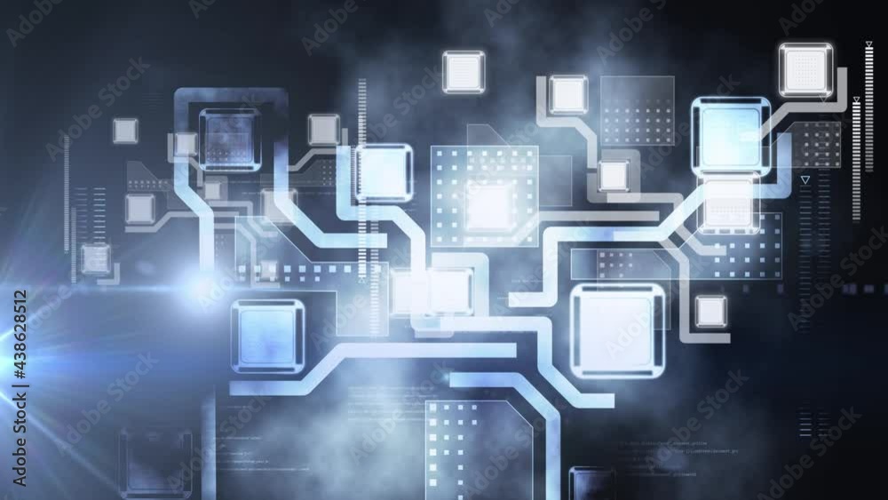 Animation of network of connections with icons and data processing over digital screen Animation of network of connections with icons and data processing over digital screen