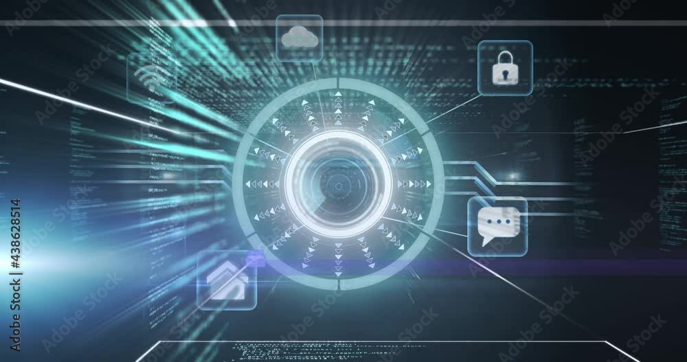 Animation of scope scanning and digital icons, data processing over digital screen Animation of scope scanning and digital icons, data processing over digital screen