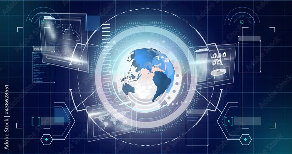 Animation of scopes scanning, globe and data processing on digital screen