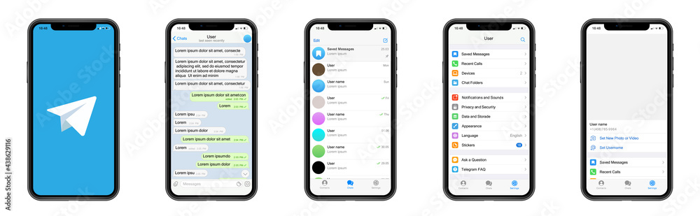 Telegram mockup. Telegram logo. Set telegram screen social media and