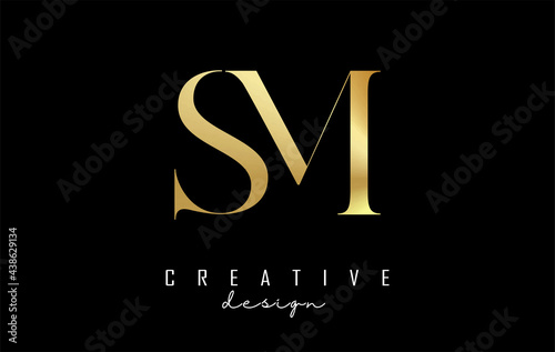 Golden Sm s m letter design logo logotype concept with serif font and elegant style. Vector illustration icon with letters S and m.