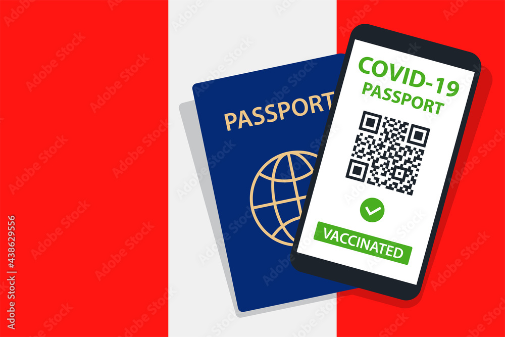 Covid-19 Passport on Peru Flag Background. Vaccinated. QR Code. Smartphone. Immune Health Cerificate. Vaccination Document. Vector