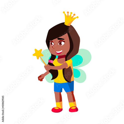 pretty girl infant wearing fairy queen costume holding magic stick on school stage cartoon vector. pretty girl infant wearing fairy queen costume holding magic stick on school stage character