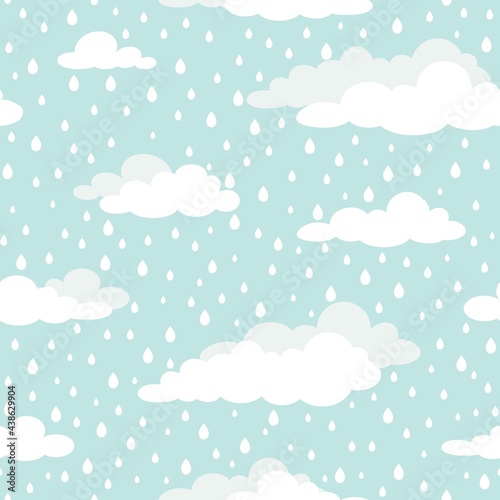 Seamless background with white clouds and raindrops on blue sky.