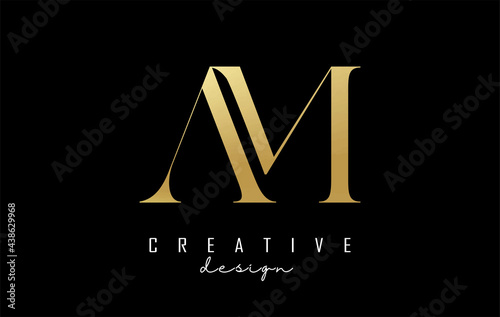 Golden AM a m letter design logo logotype concept with serif font and elegant style. Vector illustration icon with letters A and M.