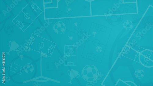 Abstract football background with a soccer field, and sports elements. Ball, flag, cup. Template 2020. Vector wallpaper. Turquoise, blue