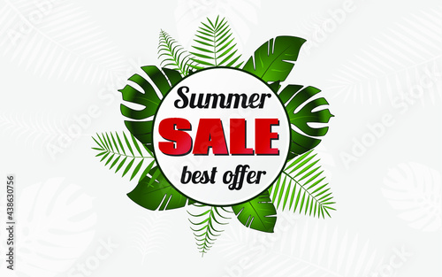 Colorful summer sale banner with tropical plants. Vector illustration