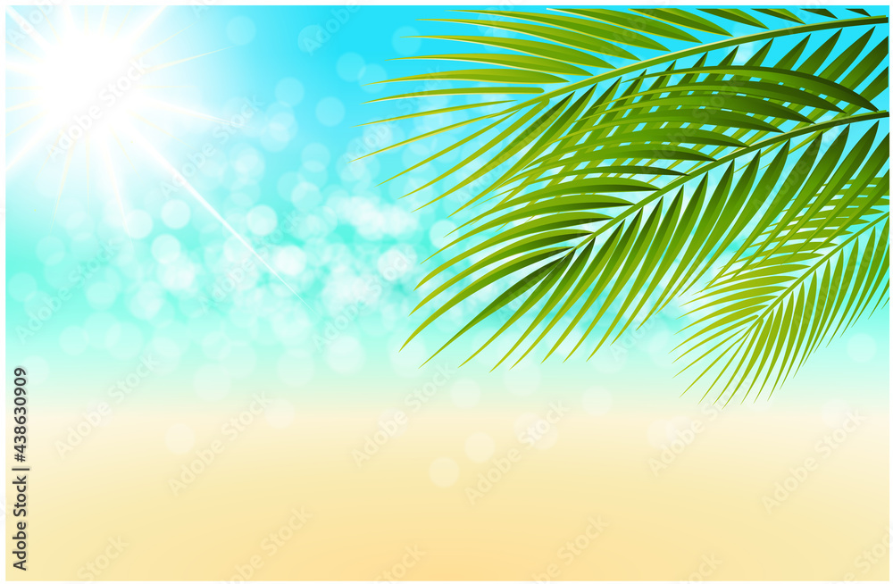 beach holiday background with palm tree, sparkling sea bokeh light and sunlight