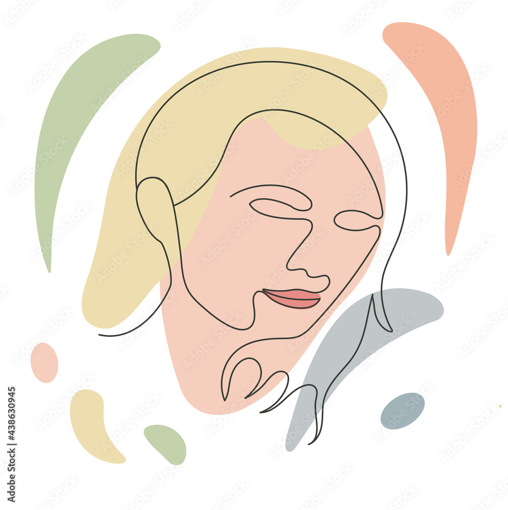 Fototapeta premium Illustration of the face of a young woman on the background of an abstract shape. Hand drawn art in modern style.