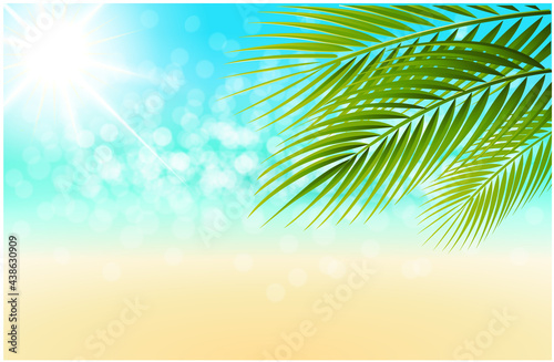beach holiday background with palm tree  sparkling sea bokeh light and sunlight