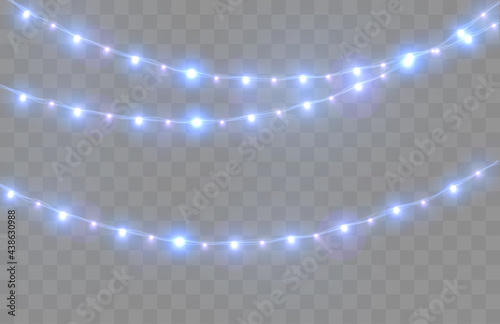 Christmas lights isolated on transparent background. Bright Xmas garland. Vector glow light bulbs on wire strings.