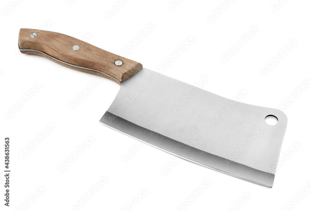 Large sharp cleaver knife with wooden handle isolated on white Large sharp cleaver knife with wooden handle isolated on white