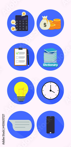 set icon for smart phone.chat or message, phone, bright, clock, calculated, note, finance, dictionnary icon vector ion white bakgorund. photo