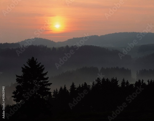 germany, bavaria, franconian forest, haze, sunrise, europe, forest, trees, vegetation, sun, rising, morning, morning mood, mood, 