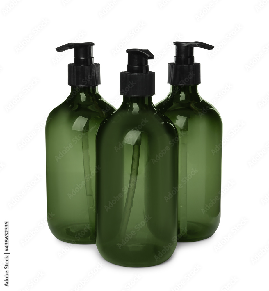 Reusable green plastic dispensers on white background Reusable green plastic dispensers on white background