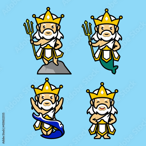 Set of cute Poseidon Neptune mascot design