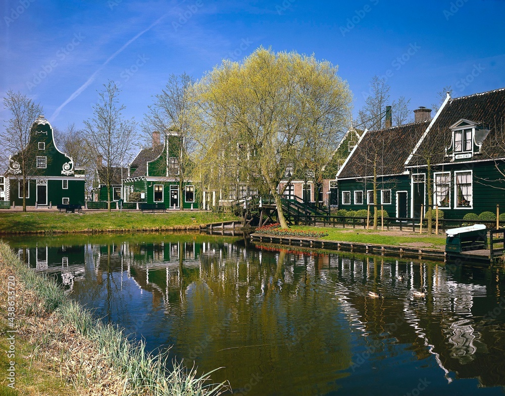 netherlands, zaanse schans, museum village, near amsterdam, holland, north holland, open-air museum, houses, dwellings, historic, 17th c., river, 