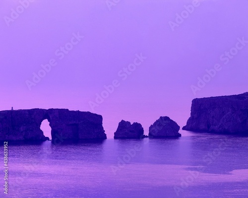 greece, peloponnese, bay, of navarino, rocks, evening mood, peninsula, west coast, coast, cliffs, rock arch, rock formation, sea, water, nature, landscape, evening, mood, twilight, purple, 