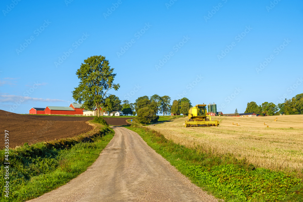 Gravel road in a rural landscape with a combine harvester on a field