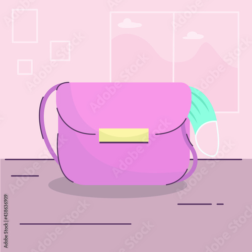 Elegant woman purse with protective face mask in it. Fashionable handbag on table at home. Medical face mask in modern life concept flat vector illustration.