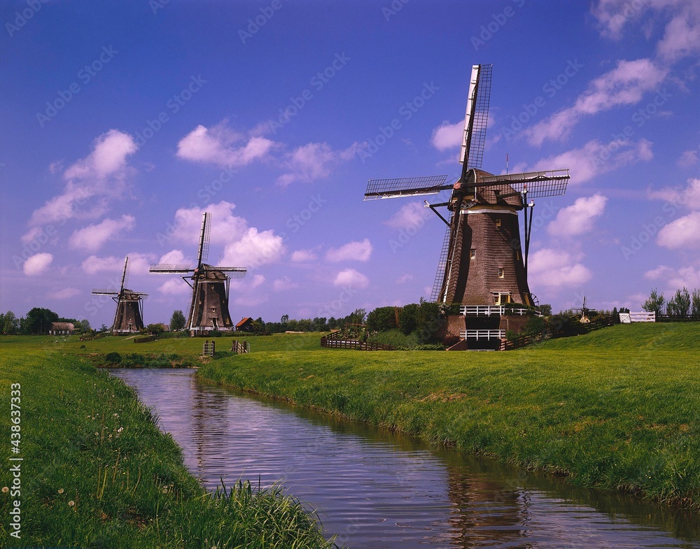 netherlands, south holland, leidschendam, windmills, holland, canal, shore, mills, sight, landscape, typical, water, cloudy sky, idyll, 