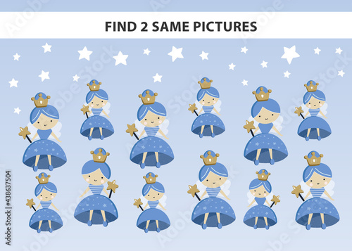 Tooth Fairy find two same pictures game for kids. Activity to help a toddler to relax before dentist appointment. First tooth party entertainment.