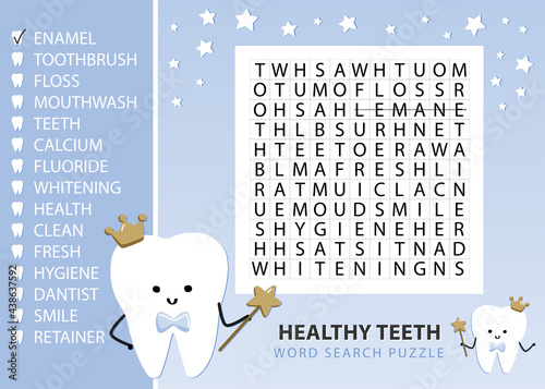 Healthy teeth word search puzzle for toddler kids. Fun game to reduce anxiety before dentist visit. Cute cartoon tooth vector image and game with oral care terms.