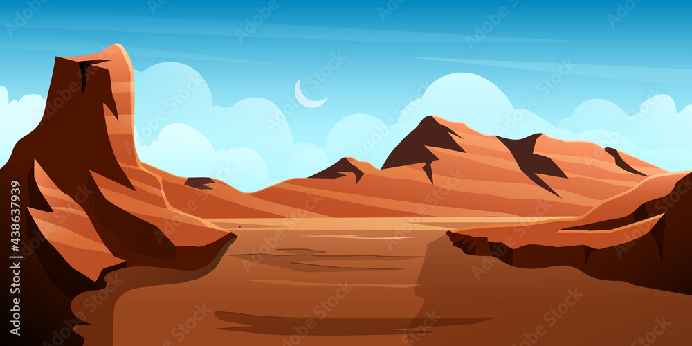illustration of desert valley with various rocky mountains and hills with moon clear sky