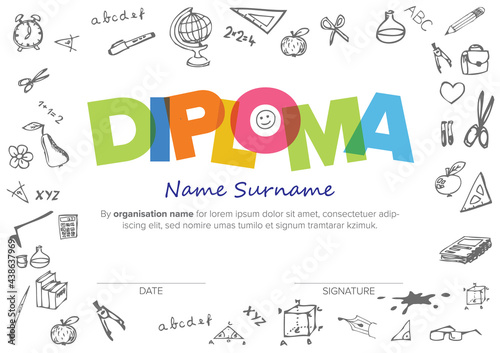 Child diploma certificate template with doodles