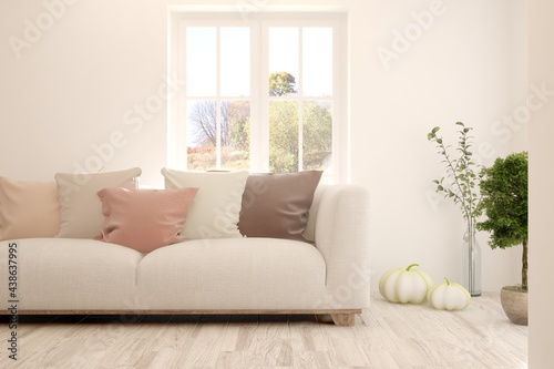 Soft color living room with sofa. Scandinavian interior design. 3D illustration