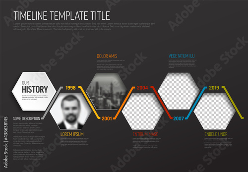 Dark Infographic timeline template with photos in hexagons