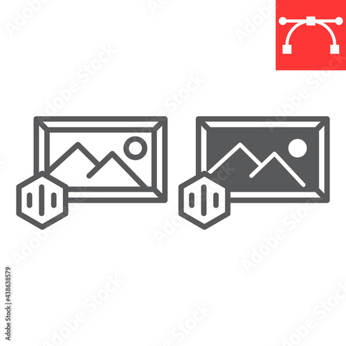 Art to NFT line and glyph icon, unique token and picture with nft, non fungible token vector icon, vector graphics, editable stroke outline sign, eps 10.