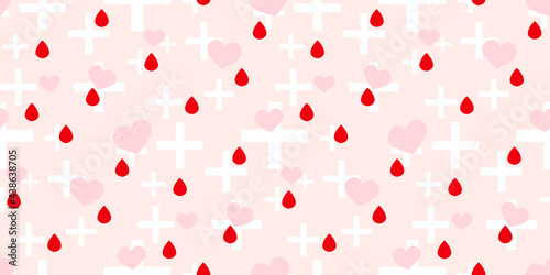 World blood donation day background. Blood donation pattern with blood drop heart and cross