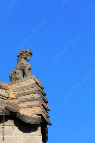 Ancient brick carving works in the background of blue sky, North China