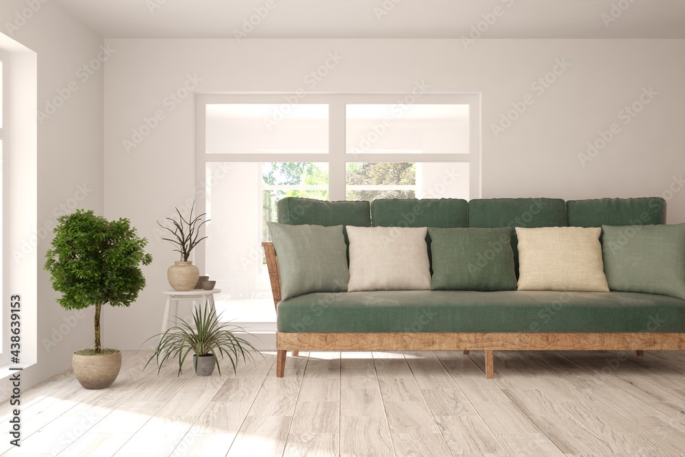 Fototapeta premium White living room with sofa. Scandinavian interior design. 3D illustration