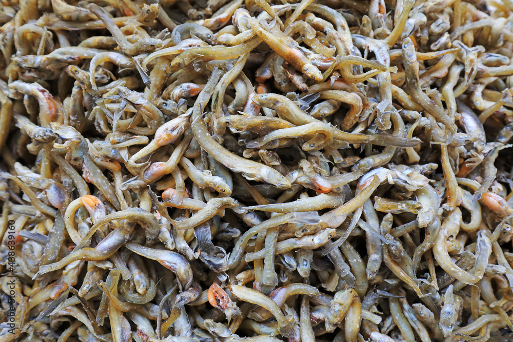Dried fish piled together in the seafood market in North China