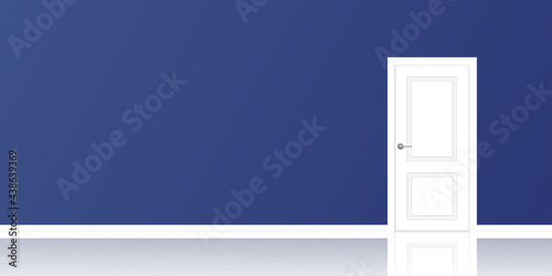 Realistic empty room interior with blue wall and closed white door. Empty room with reflection. Interior without furnish and furniture. Abstract 3d interior. Vector illustration
