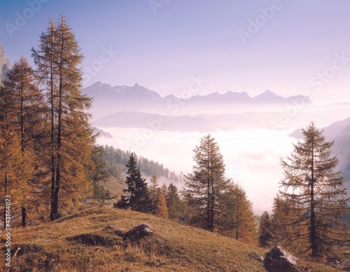 italy, dolomites, val badia, fog, autumn, landscape, mountain landscape, mountains, foggy, fog cover, morning fog, near colfosco, valley, valley view, 