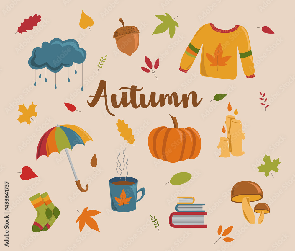 Vector set of autumn icons: sweater, falling leaves, book. Scrapbook collection of fall season elements. Bright background for harvest time. Autumn greeting card Vector set of autumn icons: sweater, falling leaves, book. Scrapbook collection of fall season elements. Bright background for harvest time. Autumn greeting card