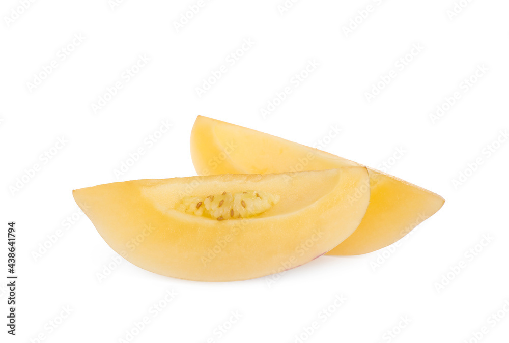 Slices of fresh ripe pepino melon on white background