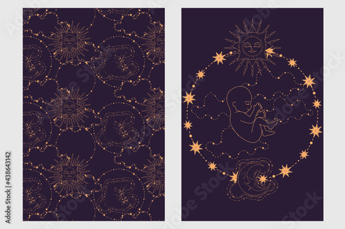 Magic banner, boho design. the birth of life with the sun surrounded by stars on a dark blue background. Baby birth concept. Esoteric vector illustration, pattern. EPS10