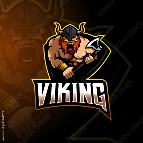 Viking mascot logo design vector with modern illustration concept style for badge, emblem and t shirt printing. Illustration of a viking carrying an ax for sport, gaming or team