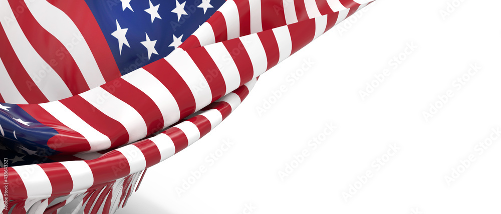 Obraz premium American USA flags Flowing isolate, 4th of July Independence Day, United States flags. Right Side Copy Space on white Background.- 3d Render