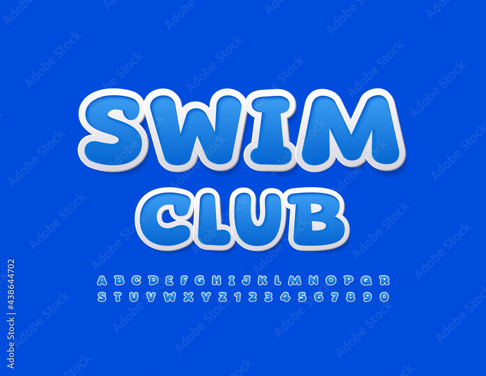 Vector blue sign Swim Club with creative Font. Modern Alphabet Letters and Numbers set
