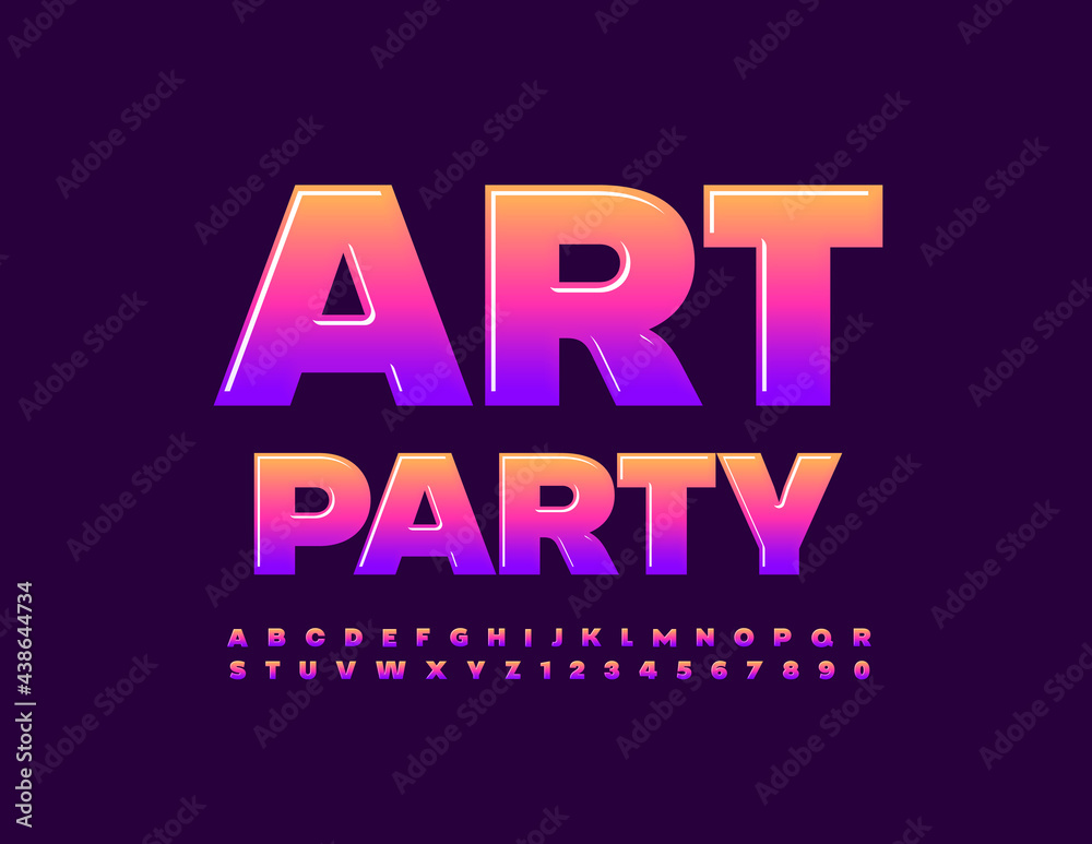 Vector bright poster Art Party. Shiny creative Font. Gradient color Alphabet Letters and Numbers set