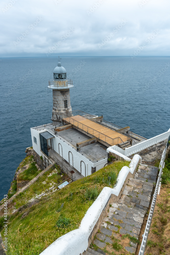 Santa Catalina de Lekeitio lighthouse on a cloudy spring morning, with the sea in the background, landscapes of Bizkaia. Basque Country
