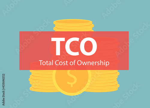 TCO Total Cost of Ownership banner over stack of dollar coins- vector illustration